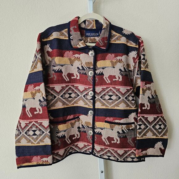 VTG NWT JANE ASHLEY Western Horse Aztec Tribal Tapestry Button Jacket Sz M - Picture 1 of 16